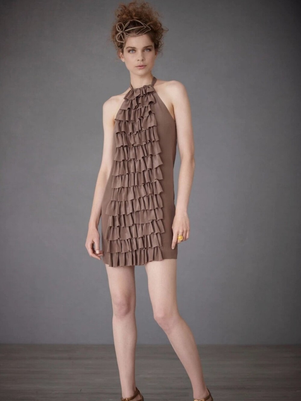 BHLDN 100% Silk Brown Ruffle Dress Va Et Vien